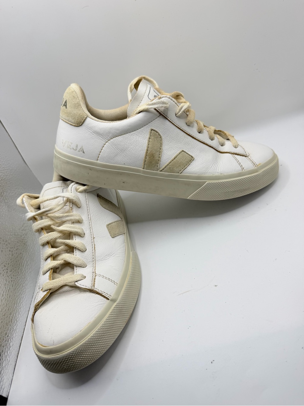 Veja Leather Low-Top Sneakers in White and Beige
